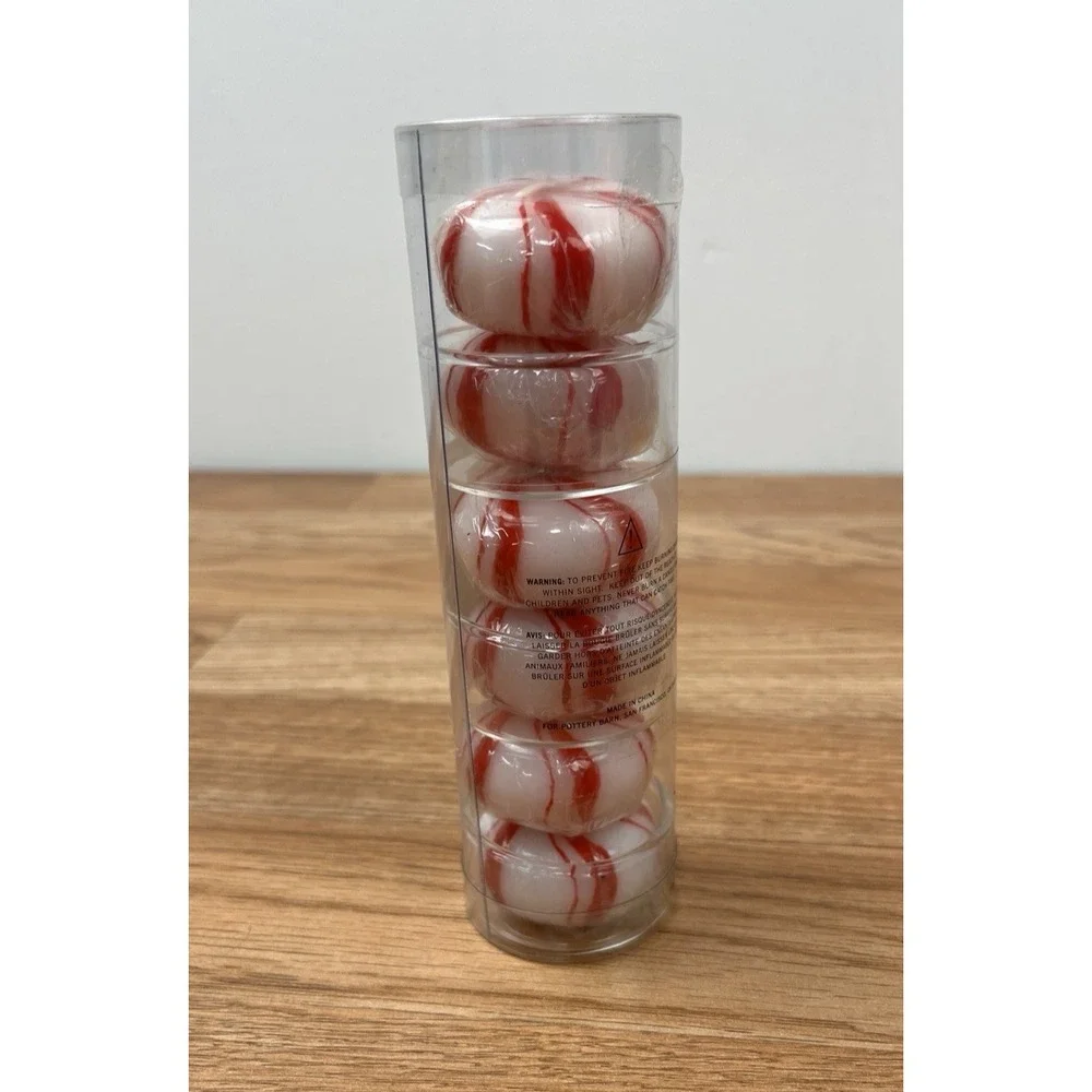 Pottery Barn Pack of 6 Candy Mint‎ Candles with 3 Votive Holders Peppermint NEW
